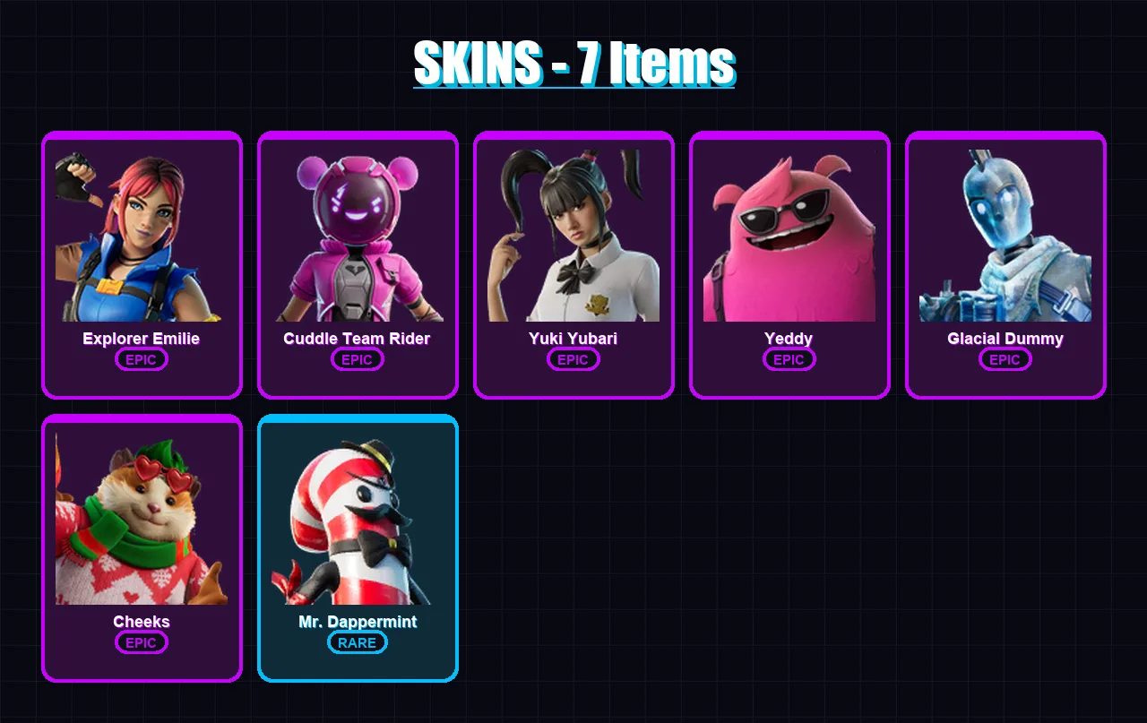 [PC/PSN] | Explorer Emilie | Cuddle Team Rider | Yuki Yubari | Yeddy | Glacial Dummy | 7 skin | 25 pickaxe | 14 emote | 22 glider | Lv239
