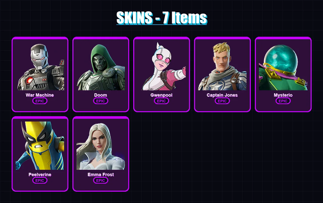 [PC/XBOX/PSN] | War Machine | Doom | Gwenpool | Captain Jones | Mysterio | 7 skin | 8 pickaxe | 8 emote | 10 glider | Lv108