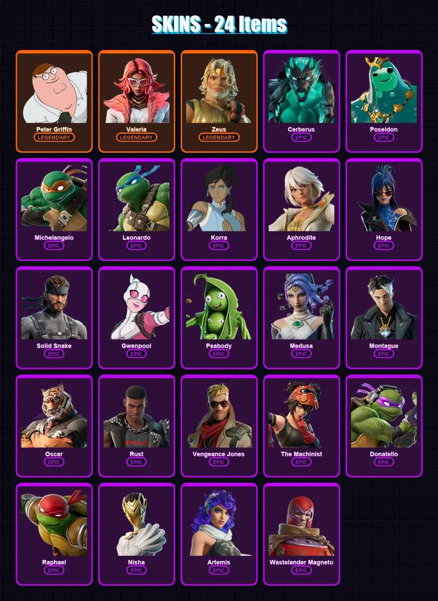 [PC/PSN] | Peter Griffin | Valeria | Zeus | Cerberus | Poseidon | 24 skin | 27 pickaxe | 20 emote | 22 glider | Lv253