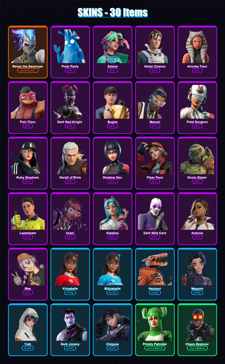 [PC/XBOX/PSN] | Renzo the Destroyer | Polar Peely | Selene | Nolan Chance | Ahsoka Tano | 30 skin | 43 pickaxe | 41 emote | 39 glider | Lv578 — Fortnite account