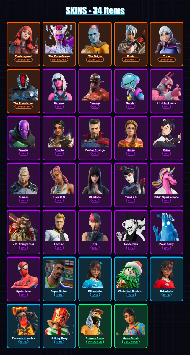 [PC/XBOX/PSN] | The Imagined | The Cube Queen | The Origin | Ronin | Torin | 34 skin | 49 pickaxe | 33 emote | 55 glider | Lv1108 — Fortnite account