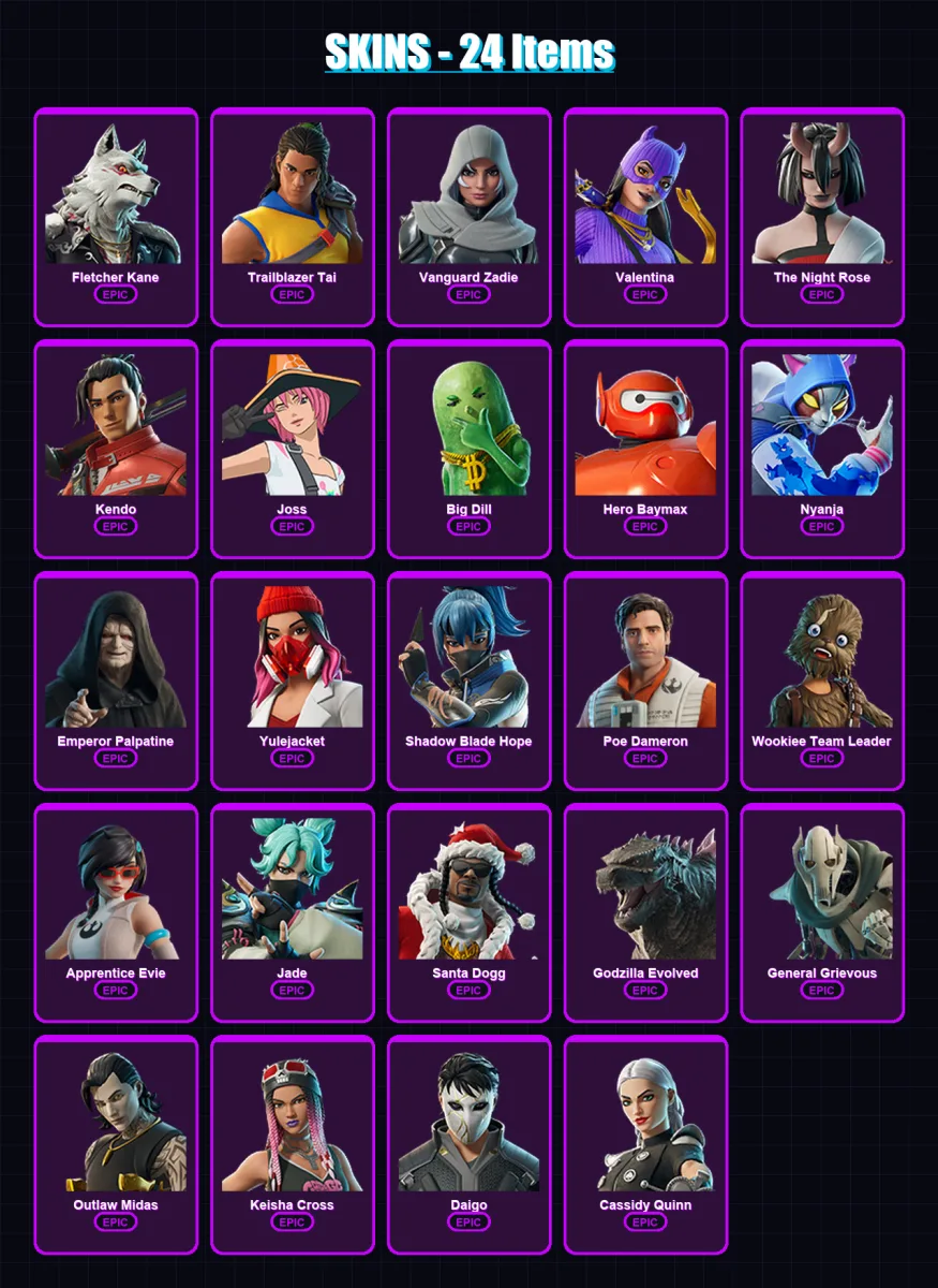 [PC/XBOX/PSN] | Fletcher Kane | Trailblazer Tai | Vanguard Zadie | Valentina | The Night Rose | 24 skin | 40 pickaxe | 25 emote | 25 glider | Lv327