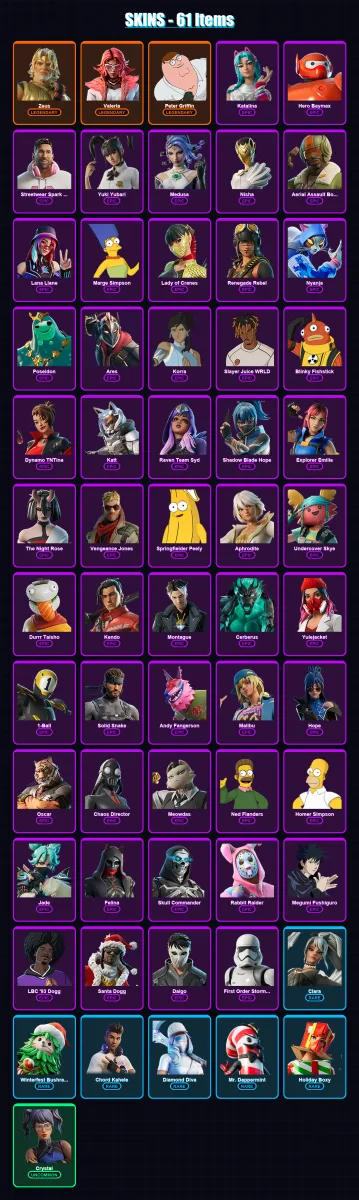 [PC/XBOX] | Zeus | Valeria | Peter Griffin | Katalina | Hero Baymax | 61 skin | 80 pickaxe | 58 emote | 53 glider | Lv768