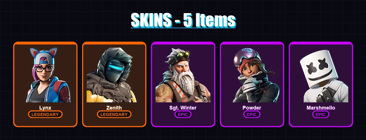 [PC/XBOX/PSN] | Lynx | Zenith | Sgt. Winter | Powder | Marshmello | 5 skin | 5 pickaxe | 10 emote | 7 glider | Lv54