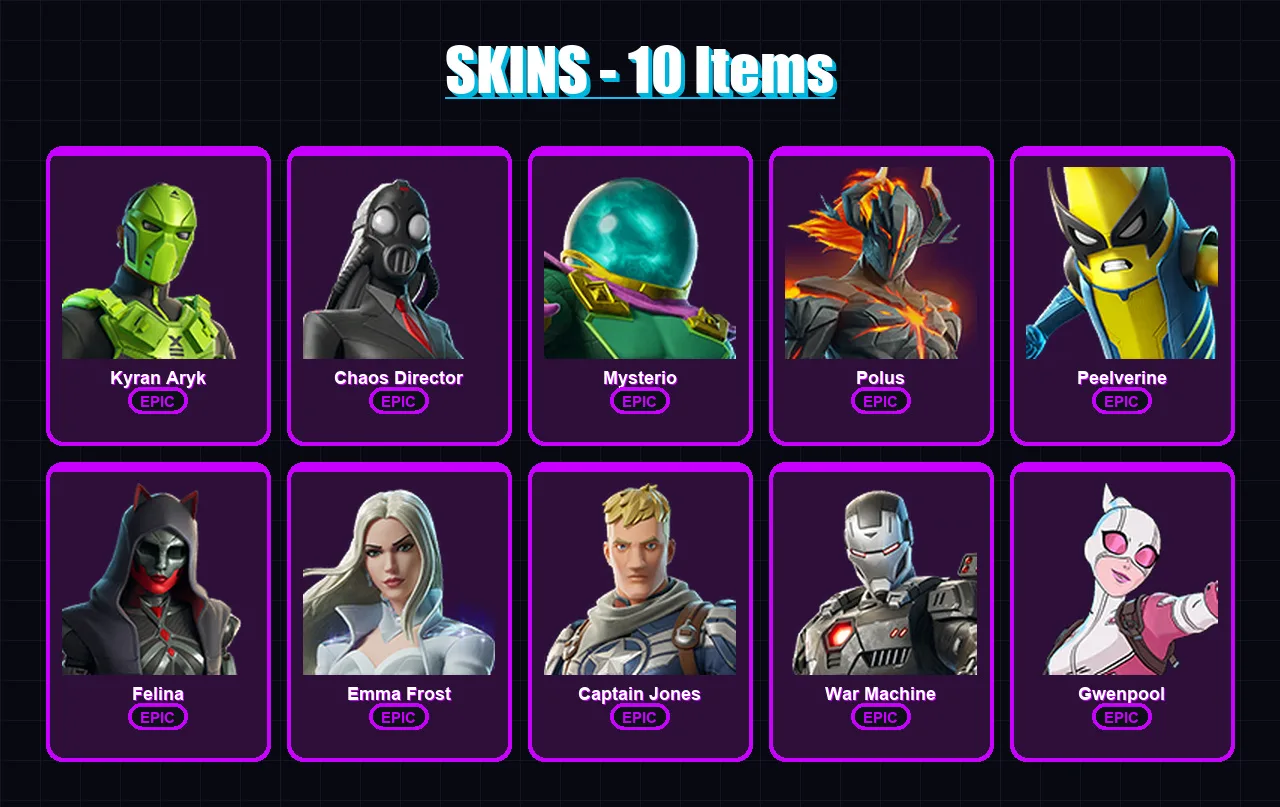 [PC/XBOX/PSN] | Kyran Aryk | Chaos Director | Mysterio | Polus | Peelverine | 10 skin | 19 pickaxe | 11 emote | 9 glider | Lv117 — Fortnite account