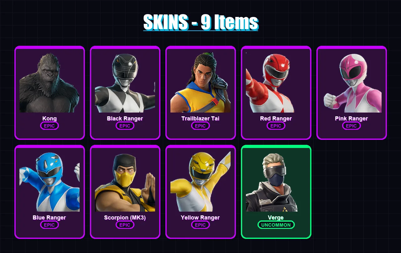 [PS4/PS5/XBOX/PC] | Kong | Black Ranger | Trailblazer Tai | Red Ranger | Pink Ranger | 9 skin | 33 pickaxe | 23 emote | 20 glider | Lv195