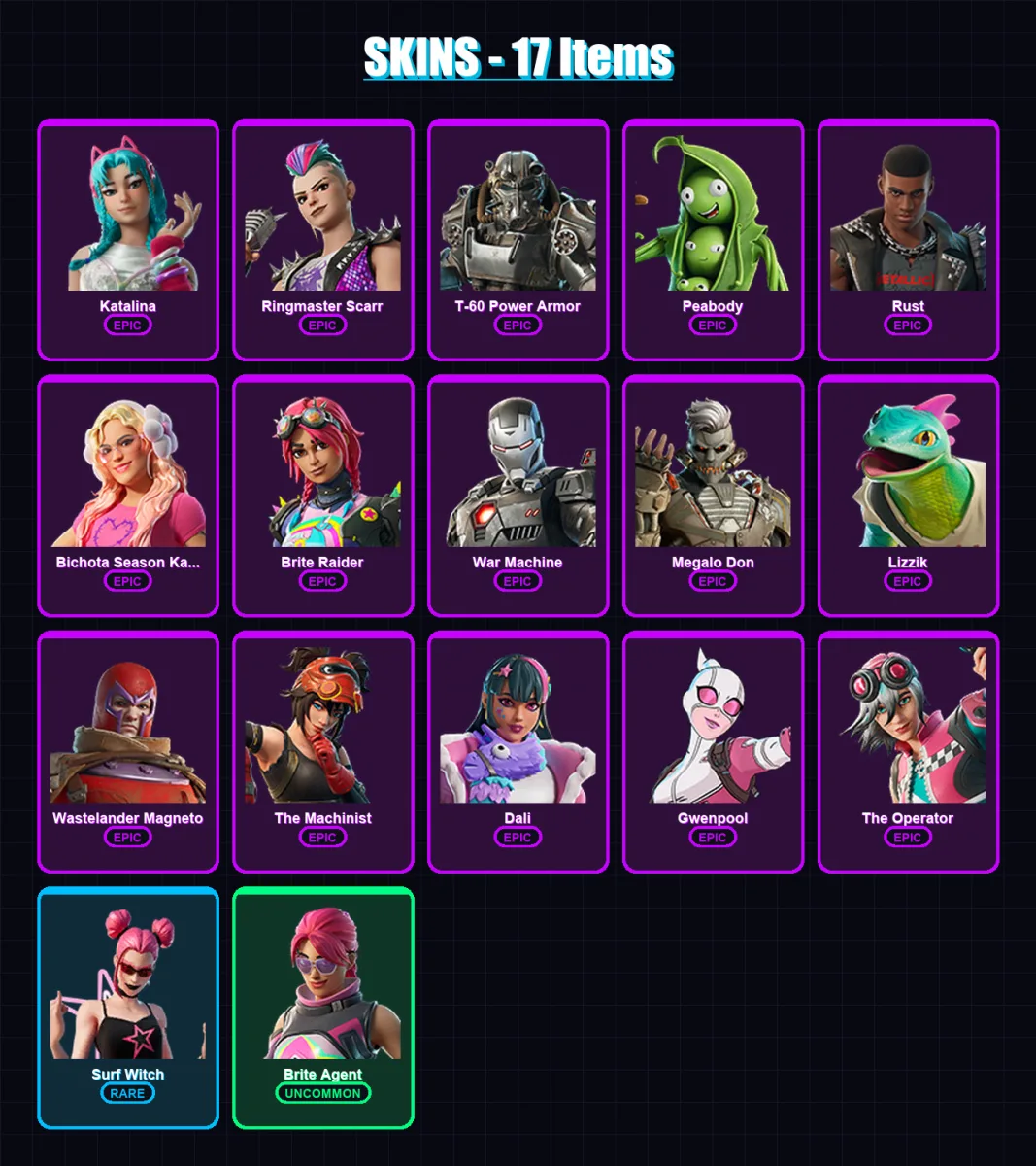 [PS4/PS5/XBOX/PC] | Katalina | Ringmaster Scarr | T-60 Power Armor | Peabody | Rust | 17 skin | 20 pickaxe | 12 emote | 17 glider | Lv176