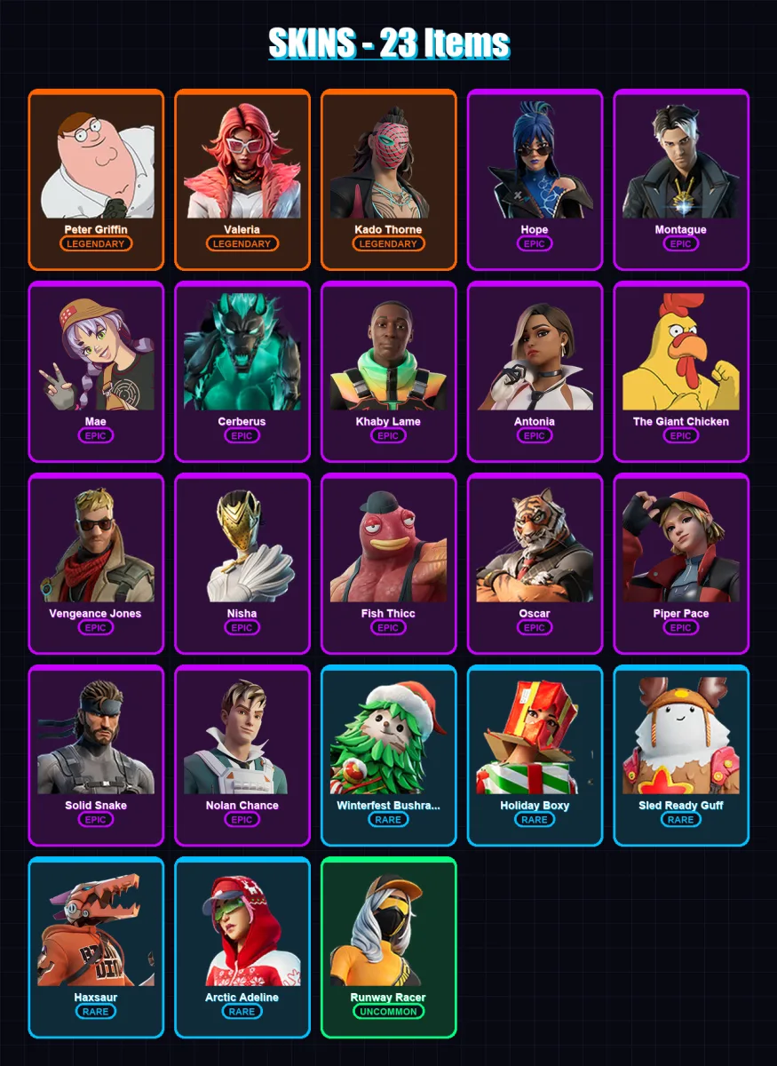 [PC/PSN] | Peter Griffin | Valeria | Kado Thorne | Hope | Montague | 23 skin | 30 pickaxe | 27 emote | 29 glider | Lv412