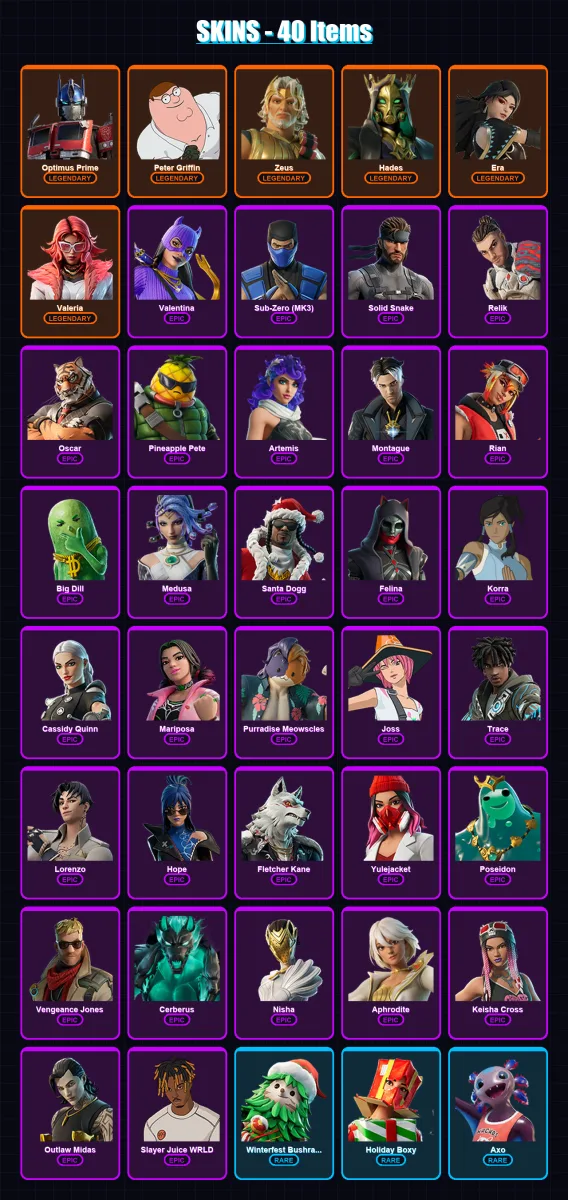 [PC/XBOX/PSN] | Optimus Prime | Peter Griffin | Zeus | Hades | Era | 40 skin | 95 pickaxe | 55 emote | 78 glider | Lv1231