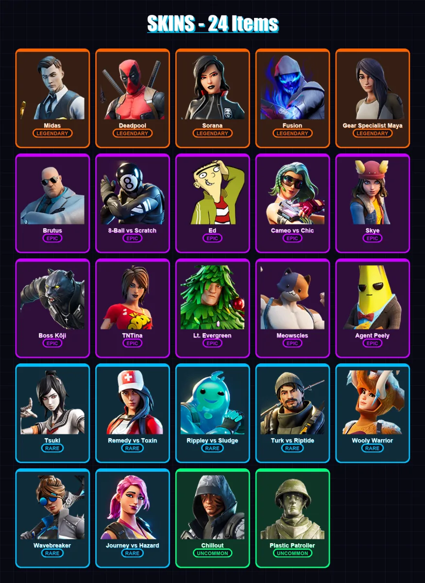 [PC/XBOX] | Midas | Deadpool | Sorana | Fusion | Gear Specialist Maya | 24 skin | 42 pickaxe | 30 emote | 42 glider | Lv544