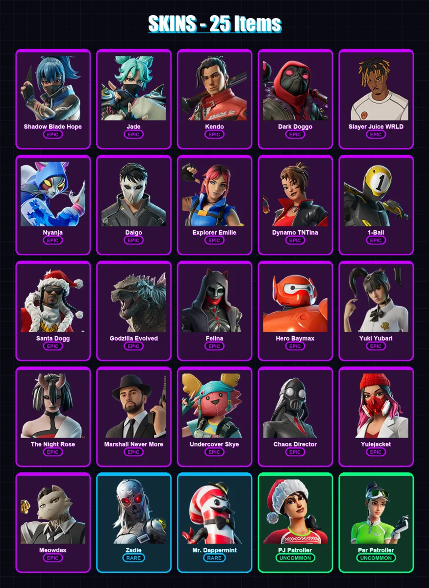 [PC/XBOX] | Shadow Blade Hope | Jade | Kendo | Dark Doggo | Slayer Juice WRLD | 25 skin | 53 pickaxe | 26 emote | 36 glider | Lv503