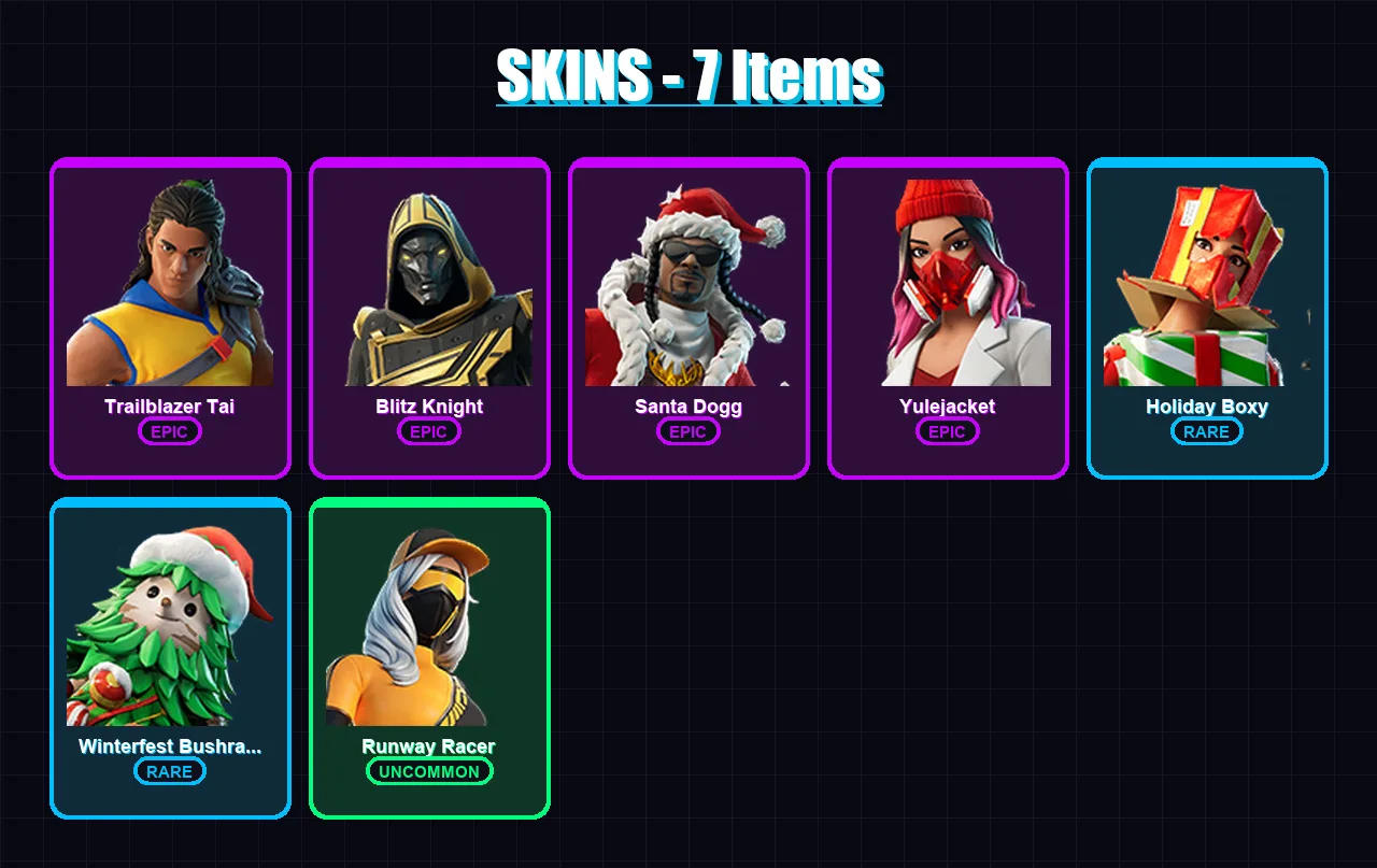 [SWITCH/XBOX/PC] | Trailblazer Tai | Blitz Knight | Santa Dogg | Yulejacket | Holiday Boxy | 7 skin | 34 pickaxe | 16 emote | 22 glider | Lv362