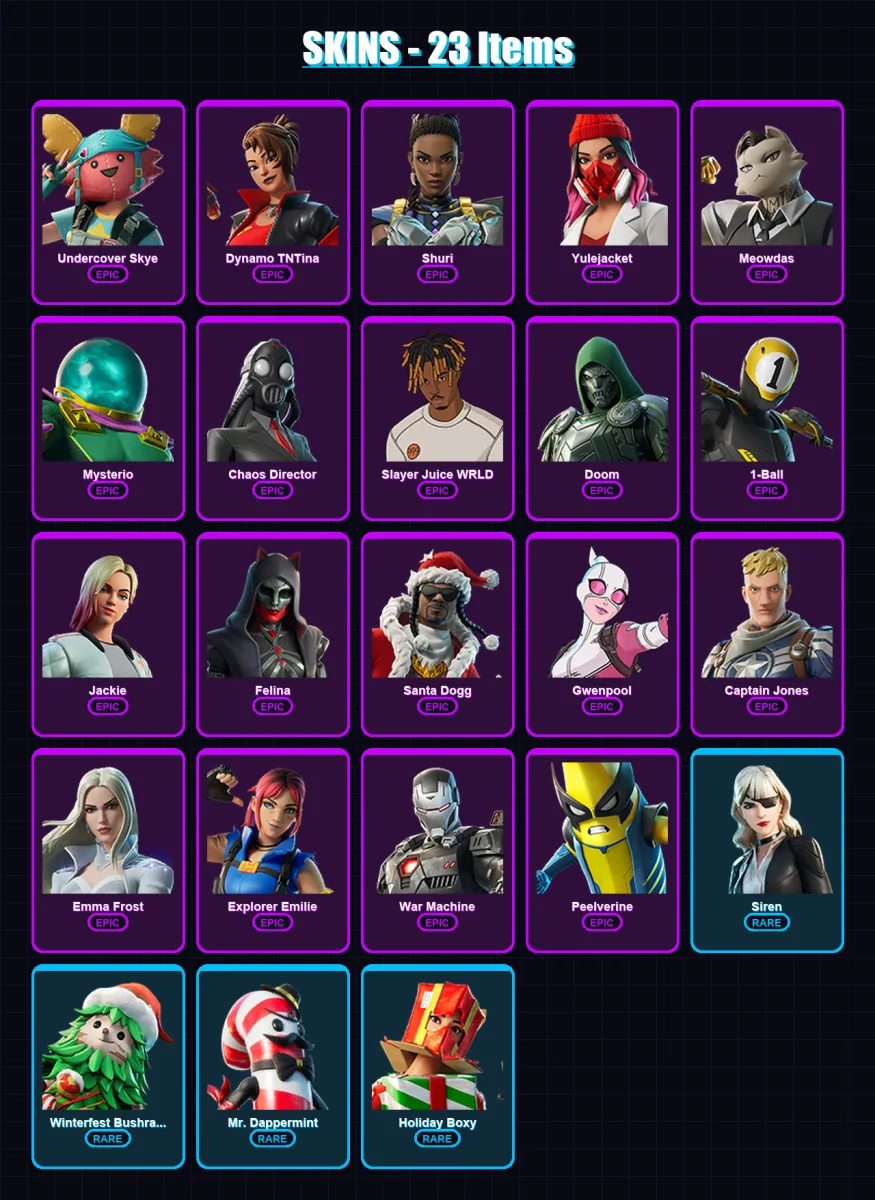 [PC/XBOX/PSN] | Undercover Skye | Dynamo TNTina | Shuri | Yulejacket | Meowdas | 23 skin | 57 pickaxe | 35 emote | 48 glider | Lv1153