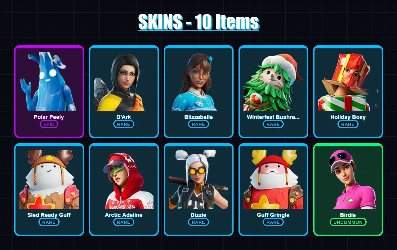 [PC] | Polar Peely | D'Ark | Blizzabelle | Winterfest Bushranger | Holiday Boxy | 10 skin | 30 pickaxe | 29 emote | 34 glider | Lv565