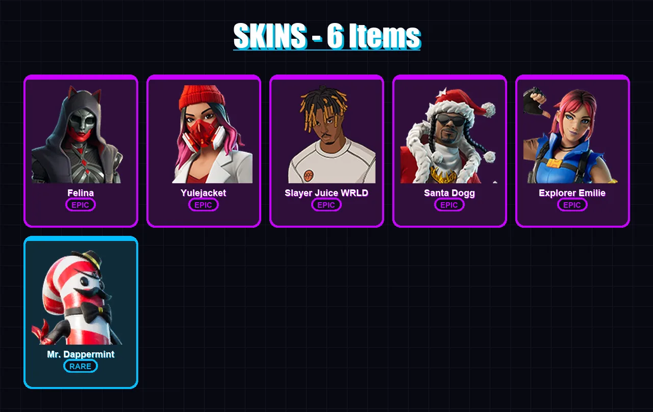 [PS4/PS5/XBOX/PC] | Felina | Yulejacket | Slayer Juice WRLD | Santa Dogg | Explorer Emilie | 6 skin | 20 pickaxe | 8 emote | 14 glider | Lv214