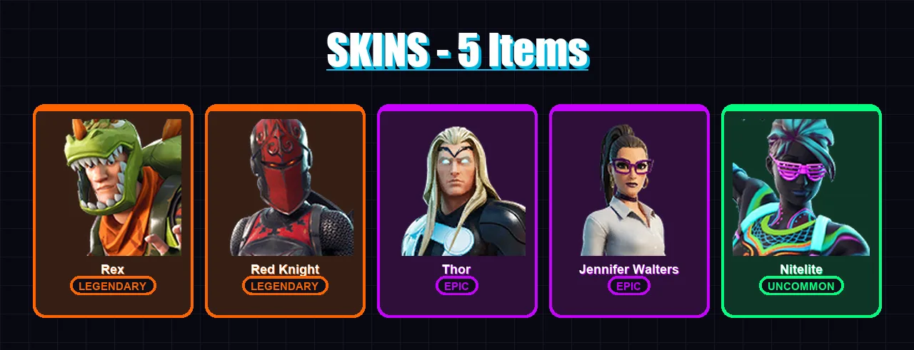 [PS4/PS5/XBOX/PC] | Rex | Red Knight | Thor | Jennifer Walters | Nitelite | 5 skin | 6 pickaxe | 6 emote | 7 glider | Lv158