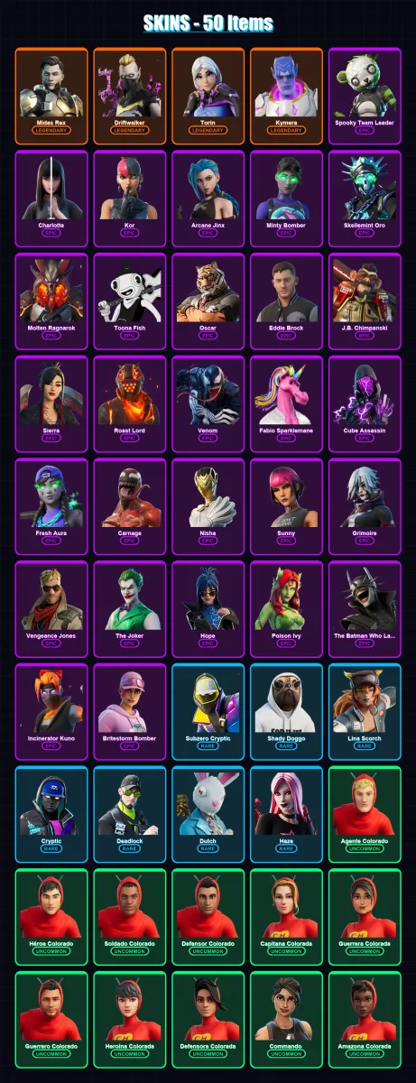 [PS4/PS5/PC] | Midas Rex | Driftwalker | Torin | Kymera | Spooky Team Leader | 50 skin | 37 pickaxe | 27 emote | 23 glider | Lv321