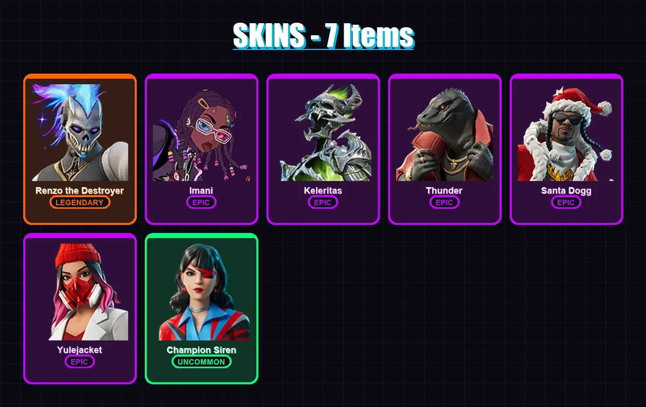 [PC/XBOX/PSN] | Renzo the Destroyer | Imani | Keleritas | Thunder | Santa Dogg | 7 skin | 11 pickaxe | 8 emote | 11 glider | Lv65