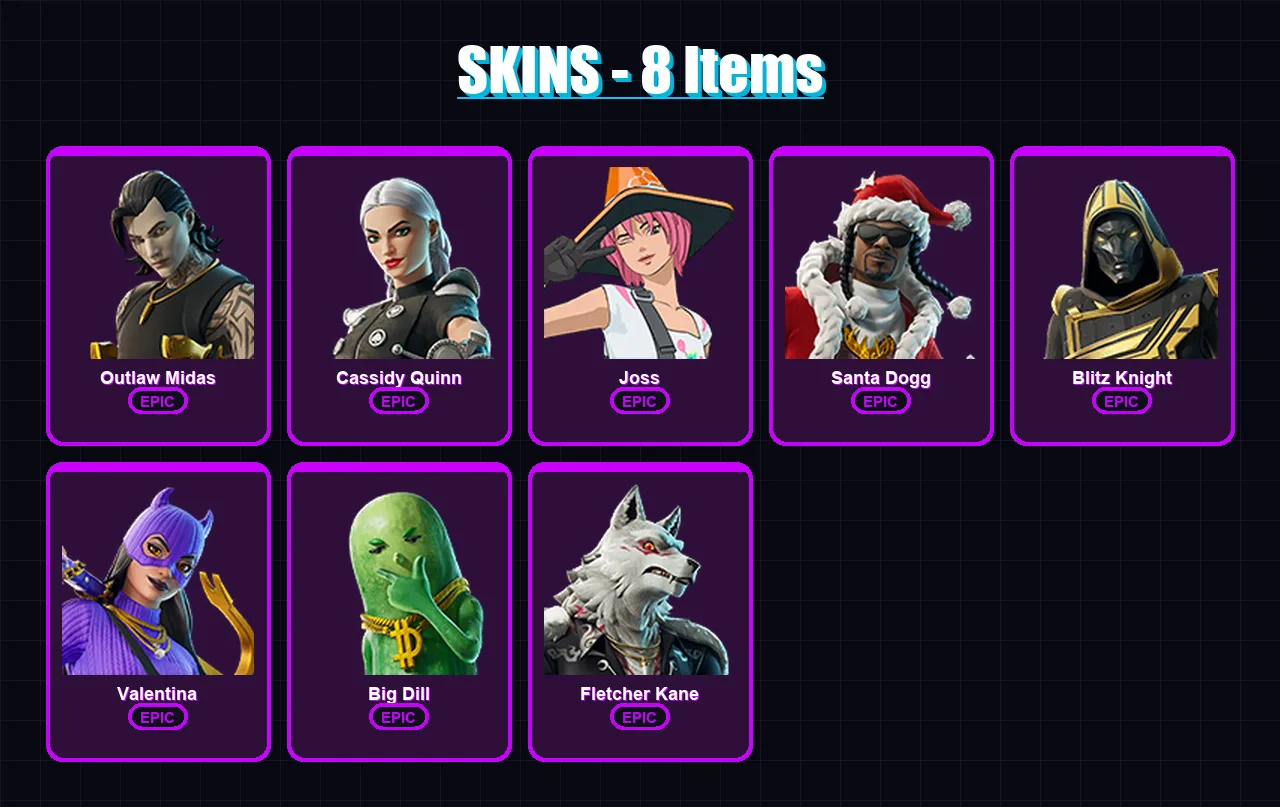 [PC/XBOX/PSN] | Outlaw Midas | Cassidy Quinn | Joss | Santa Dogg | Blitz Knight | 8 skin | 28 pickaxe | 10 emote | 20 glider | Lv162