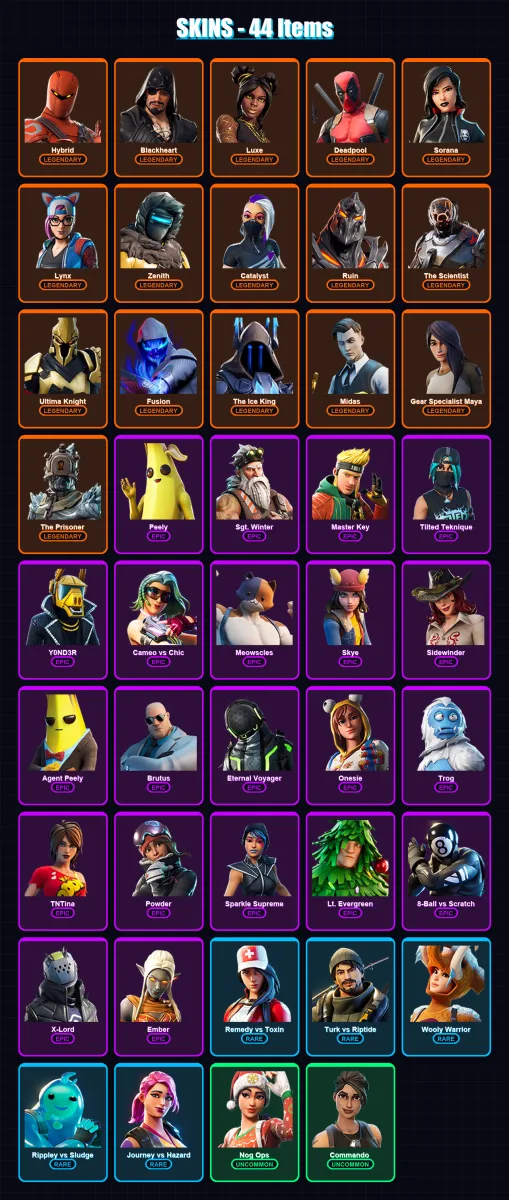 [PC] | Hybrid | Blackheart | Luxe | Deadpool | Sorana | 44 skin | 50 pickaxe | 57 emote | 51 glider | Lv1010 — Fortnite account