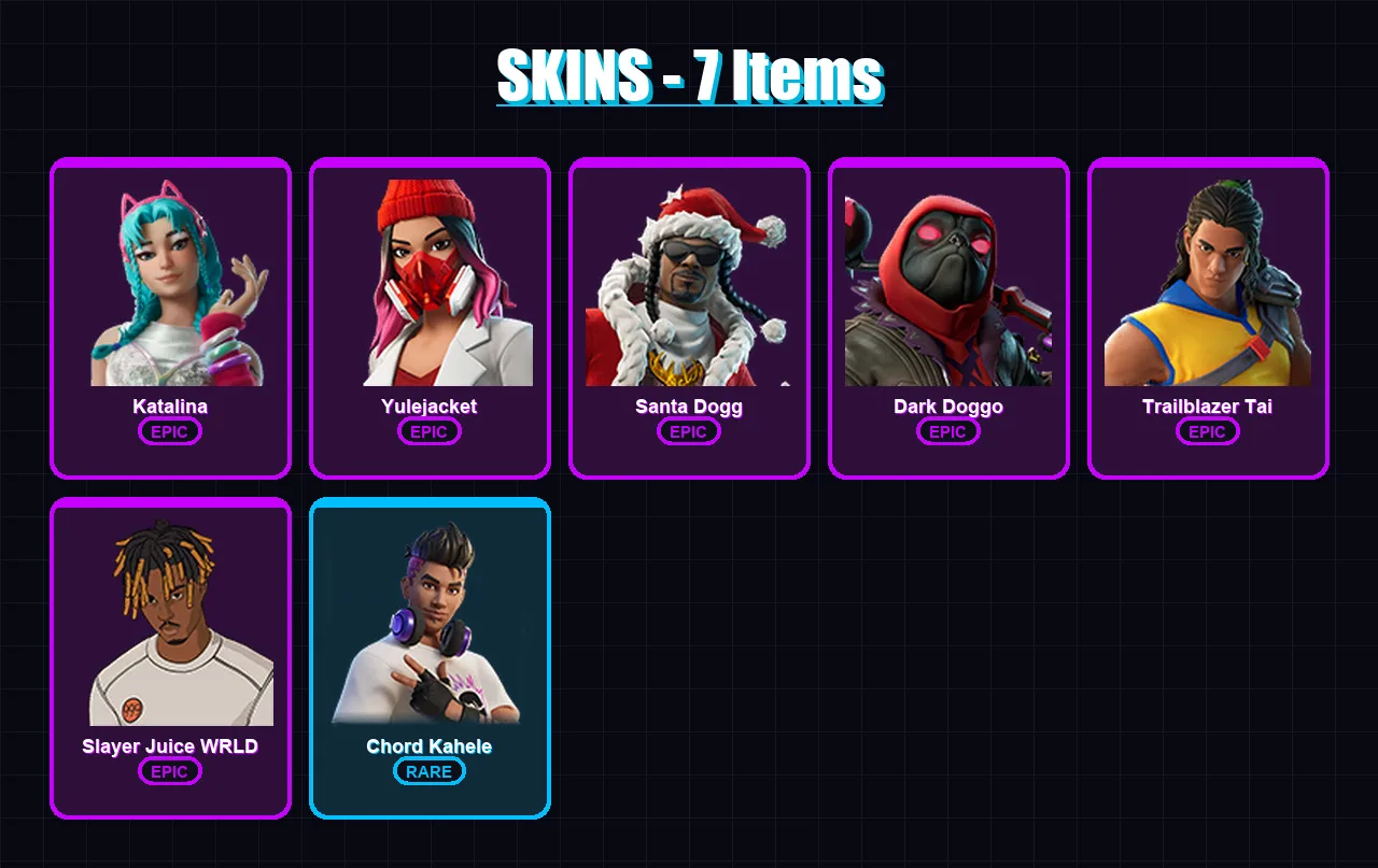 [PC/XBOX/PSN] | Katalina | Yulejacket | Santa Dogg | Dark Doggo | Trailblazer Tai | 7 skin | 16 pickaxe | 8 emote | 8 glider | Lv104