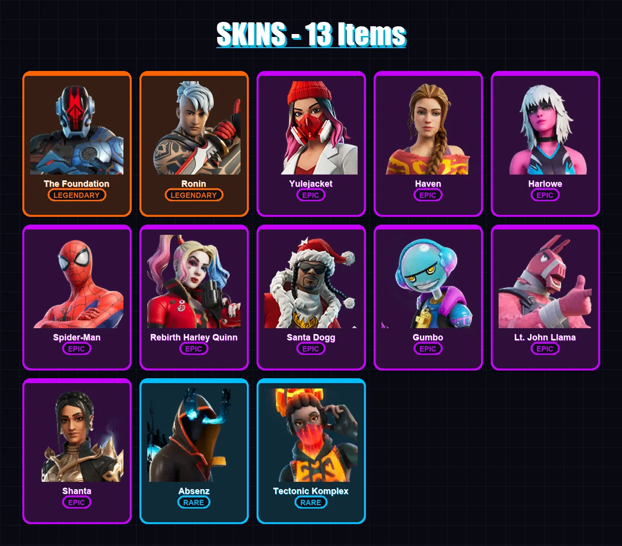[PC/XBOX/PSN] | The Foundation | Ronin | Yulejacket | Haven | Harlowe | 13 skin | 43 pickaxe | 19 emote | 28 glider | Lv476