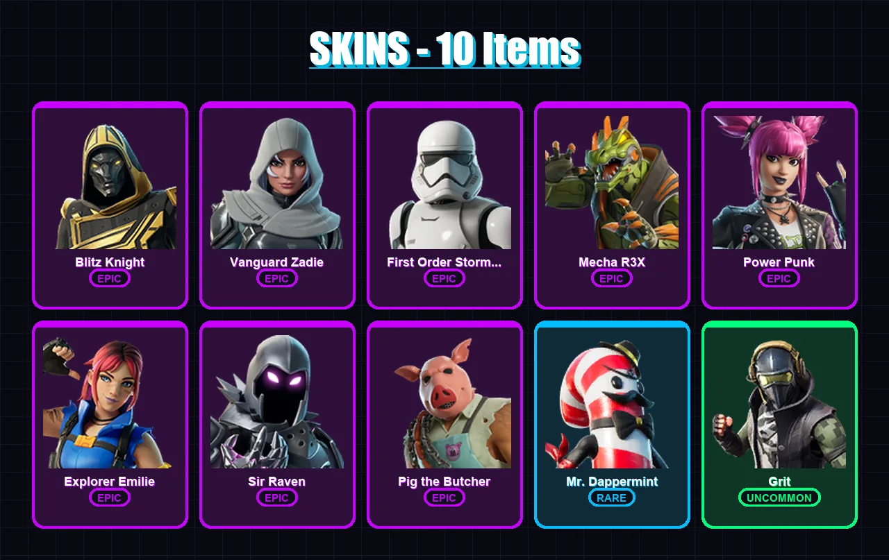 [PS4/PS5/PC] | Blitz Knight | Vanguard Zadie | First Order Stormtrooper | Mecha R3X | Power Punk | 10 skin | 35 pickaxe | 15 emote | 21 glider | Lv2