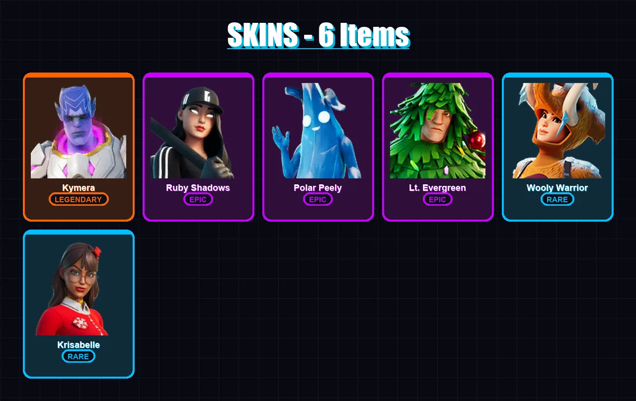 [PC/XBOX/PSN] | Kymera | Ruby Shadows | Polar Peely | Lt. Evergreen | Wooly Warrior | 6 skin | 16 pickaxe | 22 emote | 20 glider | Lv344