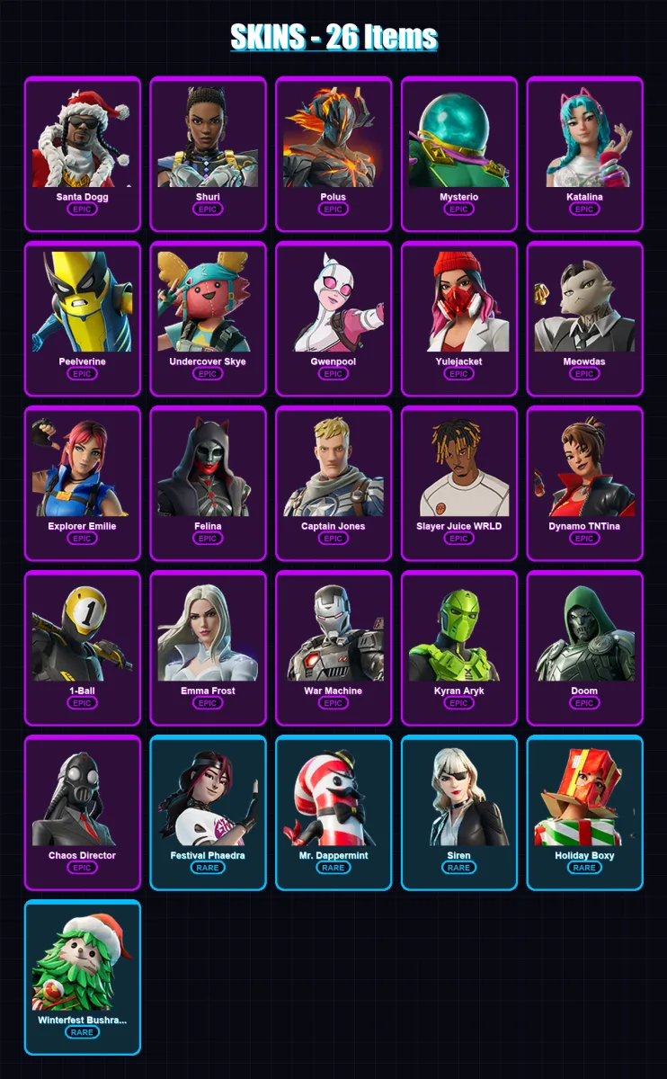 [PC/XBOX] | Santa Dogg | Shuri | Polus | Mysterio | Katalina | 26 skin | 70 pickaxe | 34 emote | 46 glider | Lv801