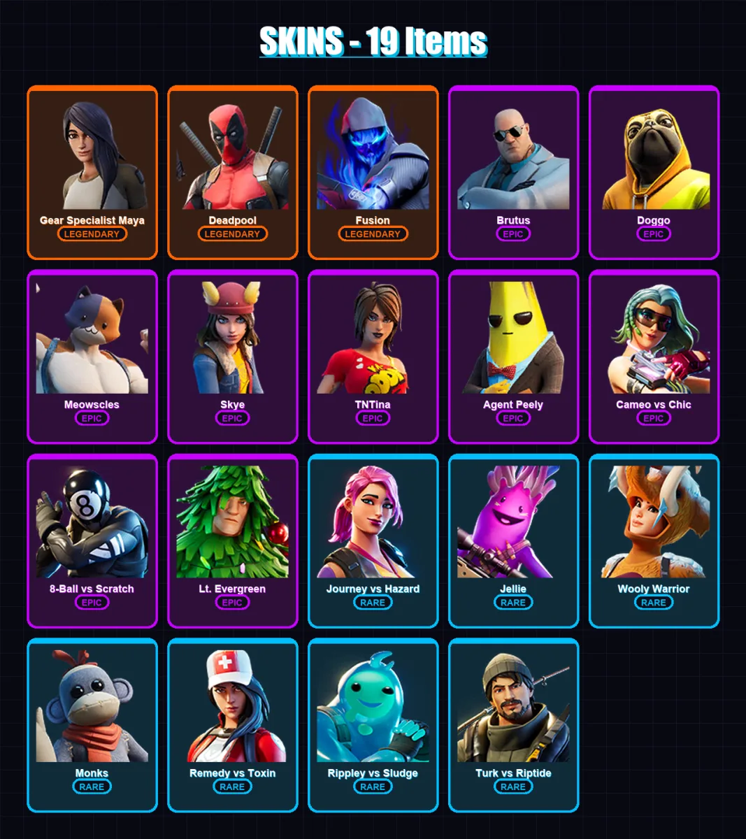 [PS4/PS5/XBOX/PC] | Gear Specialist Maya | Deadpool | Fusion | Brutus | Doggo | 19 skin | 18 pickaxe | 21 emote | 20 glider | Lv255 — Fortnite account
