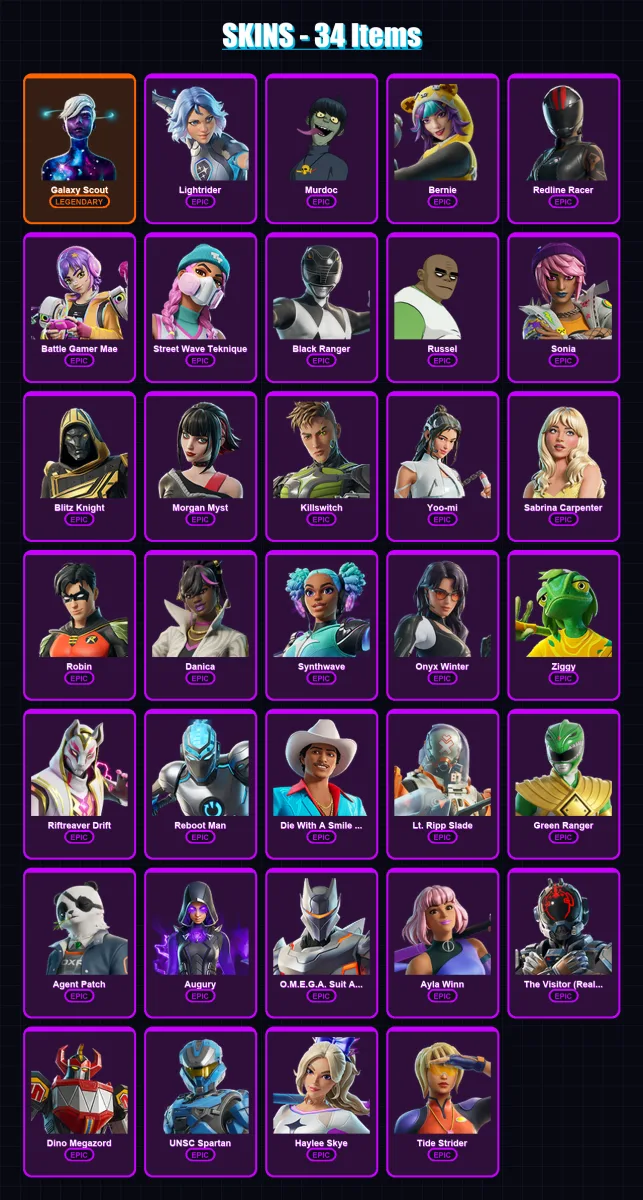 [PC/XBOX/PSN] | Galaxy Scout | Lightrider | Murdoc | Bernie | Redline Racer | 34 skin | 45 pickaxe | 35 emote | 22 glider | Lv216