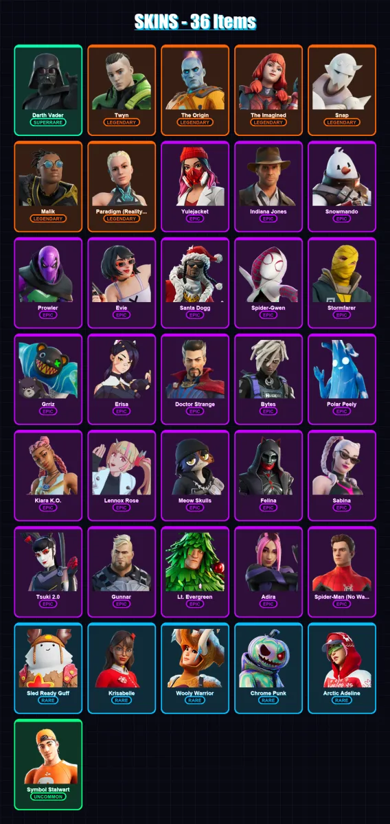 [SWITCH/XBOX/PSN/PC] | Darth Vader | Twyn | The Origin | The Imagined | Snap | 36 skin | 68 pickaxe | 49 emote | 69 glider | Lv1504