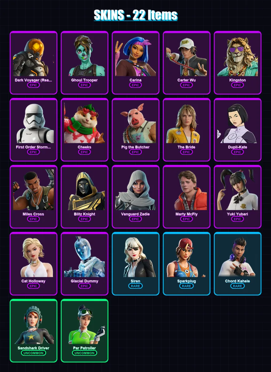 [PC/XBOX/PSN] | Dark Voyager (Reality Redacted) | Ghoul Trooper | Carina | Carter Wu | Kingston | 22 skin | 74 pickaxe | 38 emote | 50 glider | Lv12
