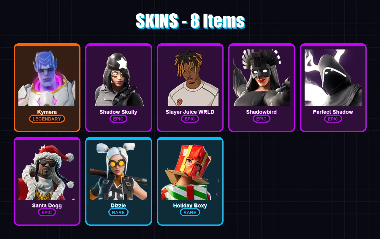 [PC/XBOX/PSN] | Kymera | Shadow Skully | Slayer Juice WRLD | Shadowbird | Perfect Shadow | 8 skin | 6 pickaxe | 4 emote | 7 glider | Lv38