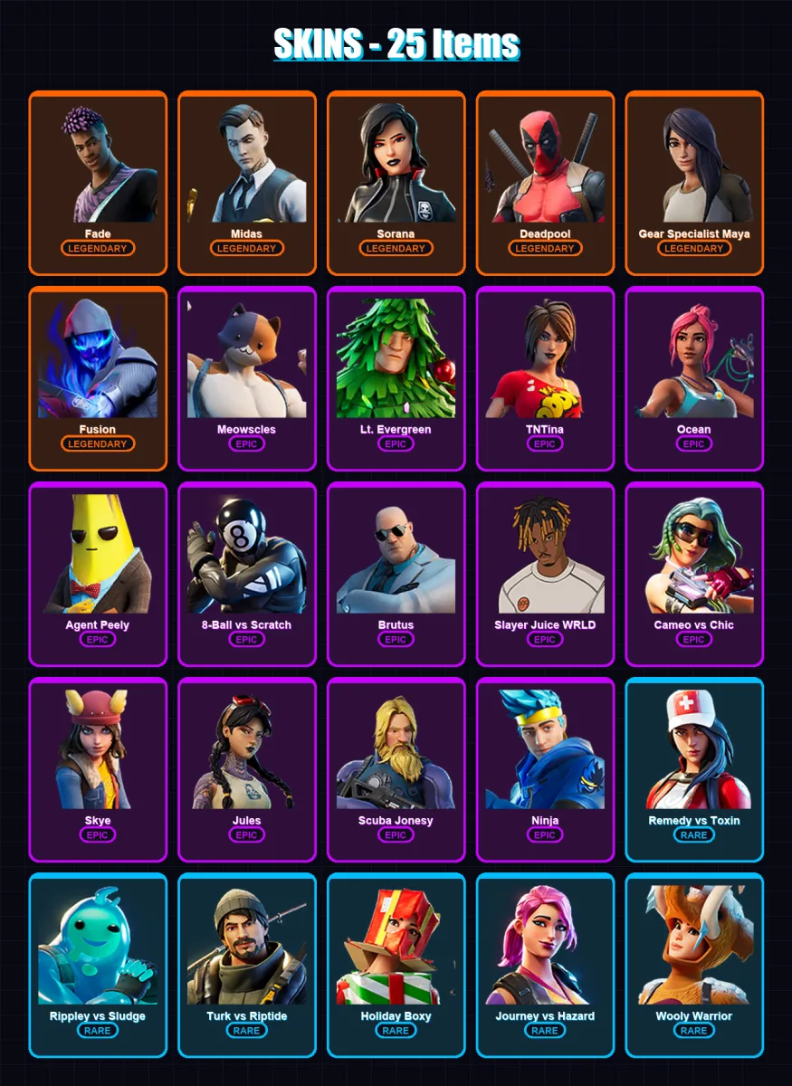 [PC/XBOX/PSN] | Fade | Midas | Sorana | Deadpool | Gear Specialist Maya | 25 skin | 38 pickaxe | 38 emote | 34 glider | Lv732