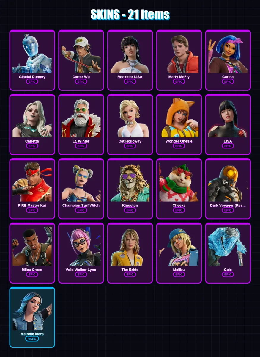 [PC/XBOX/PSN] | Glacial Dummy | Carter Wu | Rockstar LISA | Marty McFly | Carina | 21 skin | 28 pickaxe | 19 emote | 19 glider | Lv379 — Fortnite account