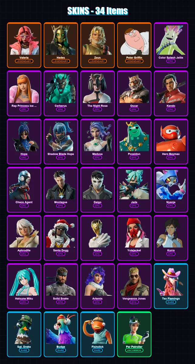 [PC/PSN] | Valeria | Hades | Zeus | Peter Griffin | Color Splash Jellie | 34 skin | 44 pickaxe | 33 emote | 28 glider | Lv510