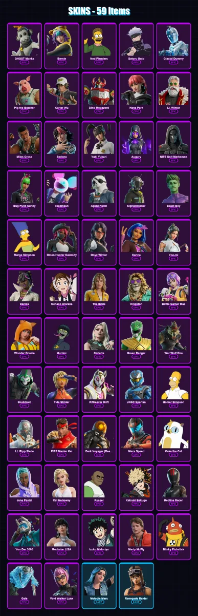 [PC/XBOX/PSN] | GHOST Monks | Bernie | Ned Flanders | Satoru Gojo | Glacial Dummy | 59 skin | 73 pickaxe | 65 emote | 34 glider | Lv594 — Fortnite account