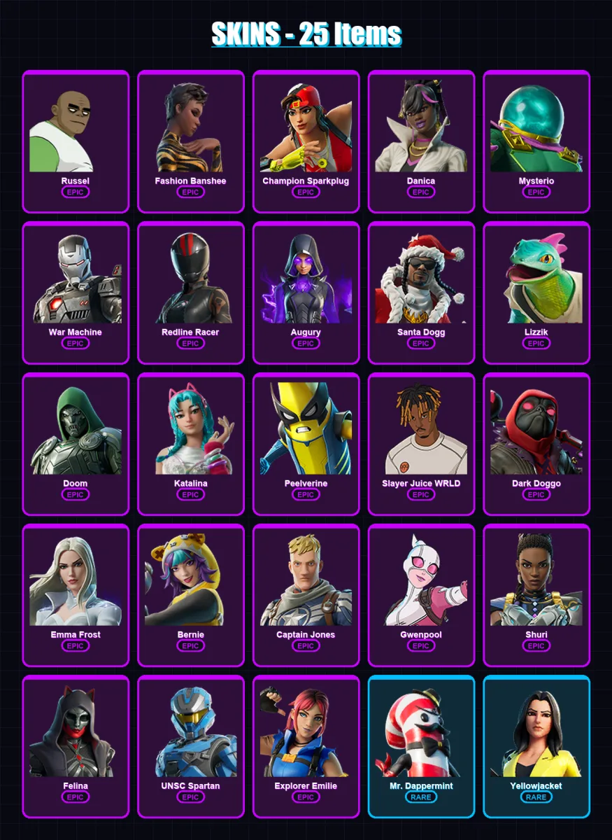 [PC/PSN] | Russel | Fashion Banshee | Champion Sparkplug | Danica | Mysterio | 25 skin | 46 pickaxe | 28 emote | 26 glider | Lv454