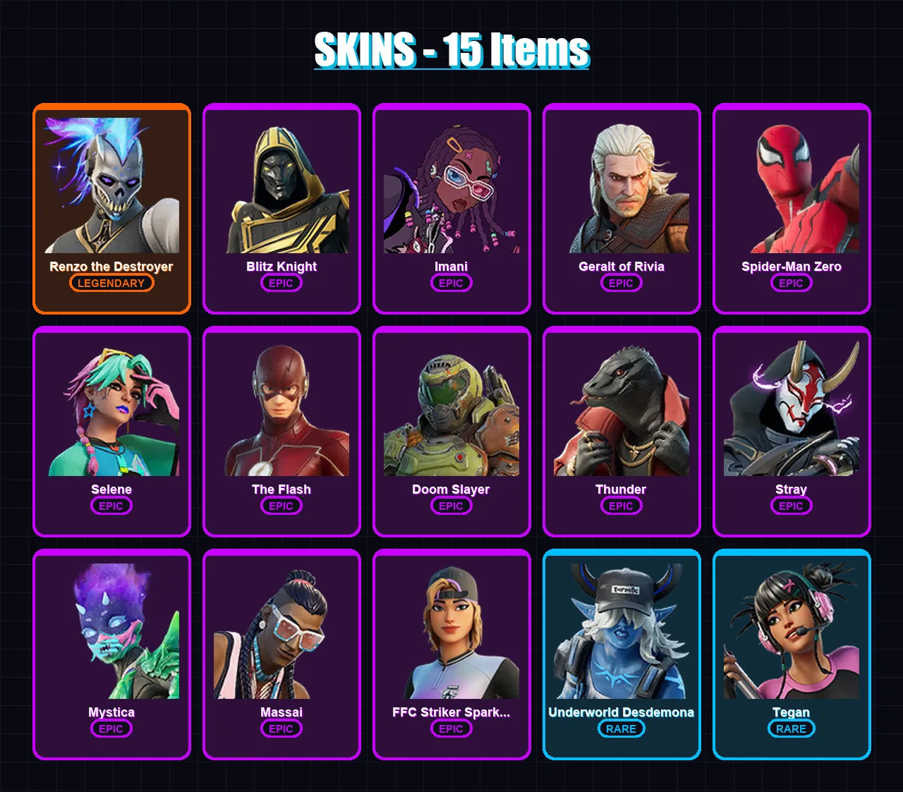 [PC/XBOX/PSN] | Renzo the Destroyer | Blitz Knight | Imani | Geralt of Rivia | Spider-Man Zero | 15 skin | 24 pickaxe | 15 emote | 25 glider | Lv223