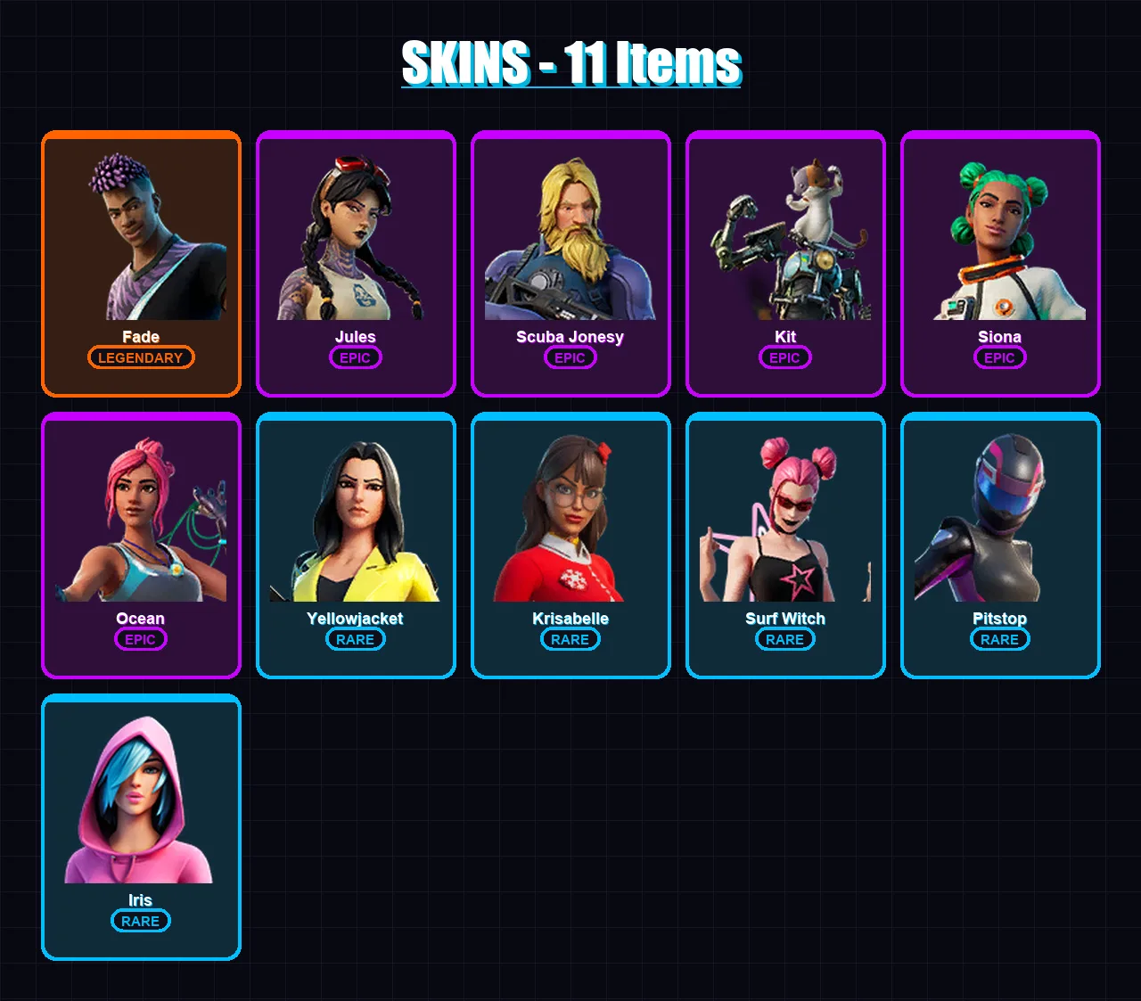 [PC/PSN] | Fade | Jules | Scuba Jonesy | Kit | Siona | 11 skin | 48 pickaxe | 35 emote | 50 glider | Lv1071