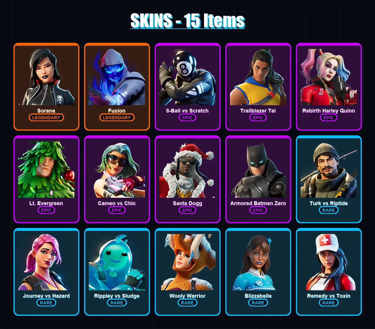 [PC/XBOX/PSN] | Sorana | Fusion | 8-Ball vs Scratch | Trailblazer Tai | Rebirth Harley Quinn | 15 skin | 25 pickaxe | 27 emote | 27 glider | Lv429 — Fortnite account