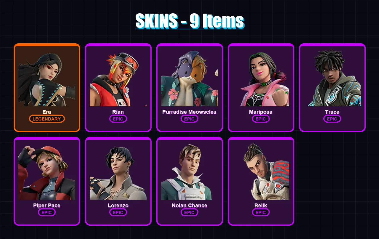 [PS4/PS5/XBOX/PC] | Era | Rian | Purradise Meowscles | Mariposa | Trace | 9 skin | 15 pickaxe | 11 emote | 17 glider | Lv216