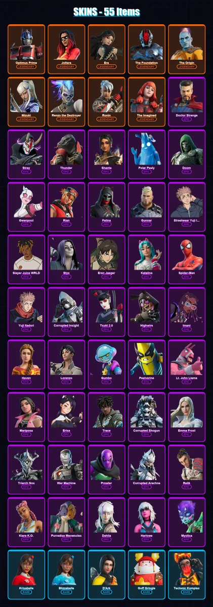 [PC/PSN] | Optimus Prime | Joltara | Era | The Foundation | The Origin | 55 skin | 67 pickaxe | 45 emote | 59 glider | Lv799