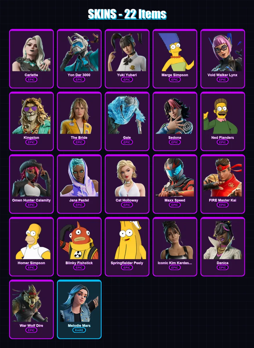 [PS4/PS5/XBOX/PC] | Carletta | Yon Dar 3000 | Yuki Yubari | Marge Simpson | Void Walker Lynx | 22 skin | 29 pickaxe | 24 emote | 16 glider | Lv125