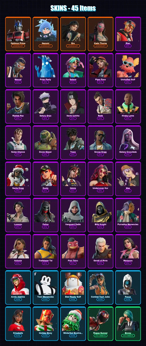 [PS4/PS5/XBOX/PC] | Optimus Prime | Nezumi | Era | Kado Thorne | Rian | 45 skin | 93 pickaxe | 69 emote | 81 glider | Lv1370