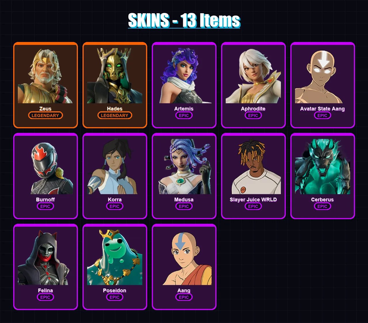 [PS4/PS5/PC] | Zeus | Hades | Artemis | Aphrodite | Avatar State Aang | 13 skin | 40 pickaxe | 22 emote | 28 glider | Lv394