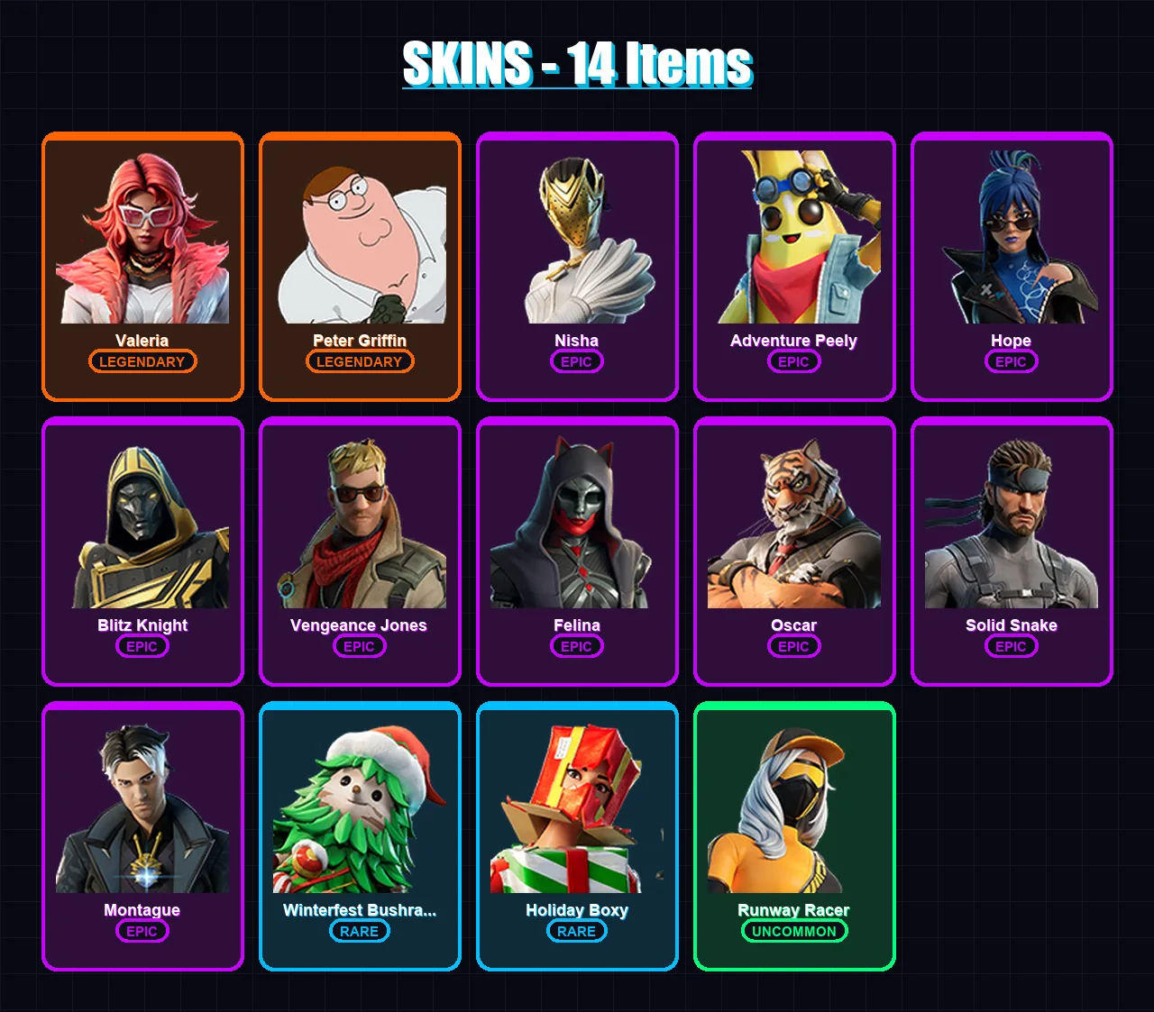 [PC/XBOX/PSN] | Valeria | Peter Griffin | Nisha | Adventure Peely | Hope | 14 skin | 30 pickaxe | 21 emote | 23 glider | Lv411