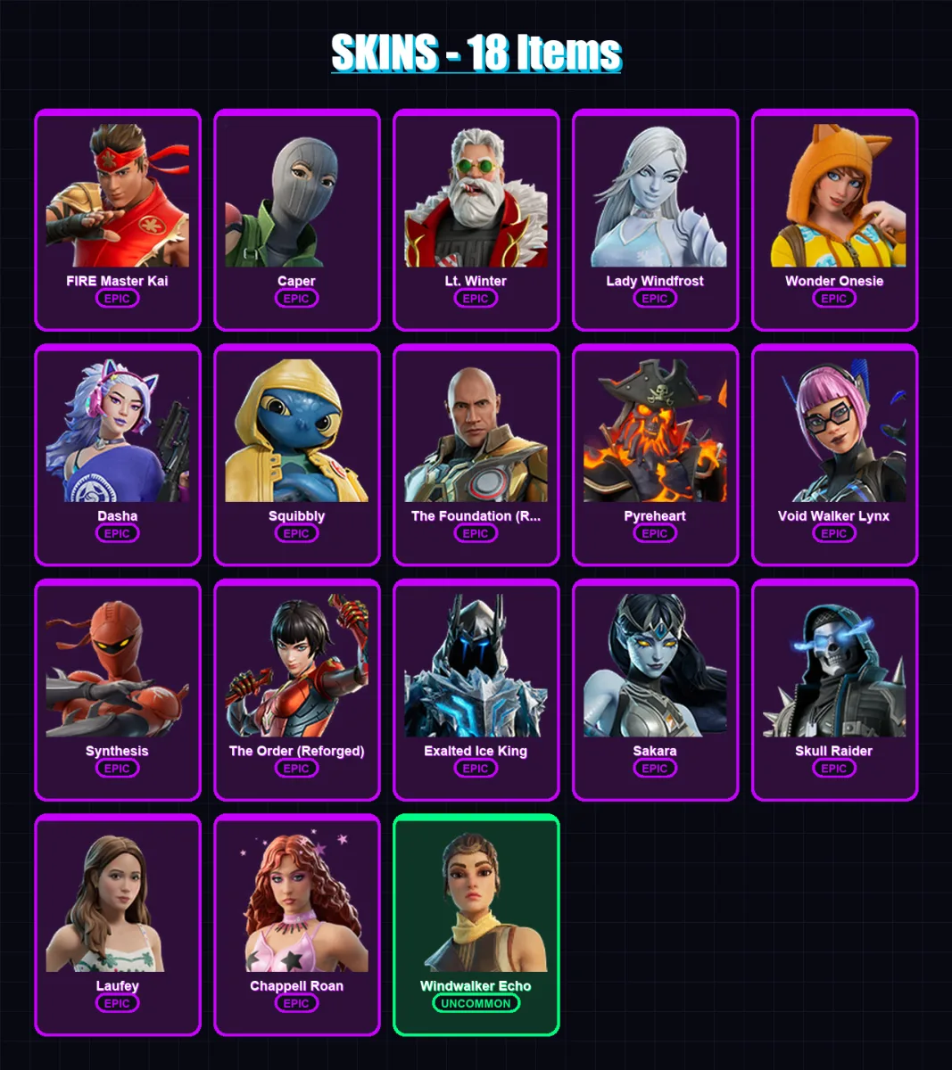 [PC/XBOX/PSN] | FIRE Master Kai | Caper | Lt. Winter | Lady Windfrost | Wonder Onesie | 18 skin | 38 pickaxe | 15 emote | 24 glider | Lv304