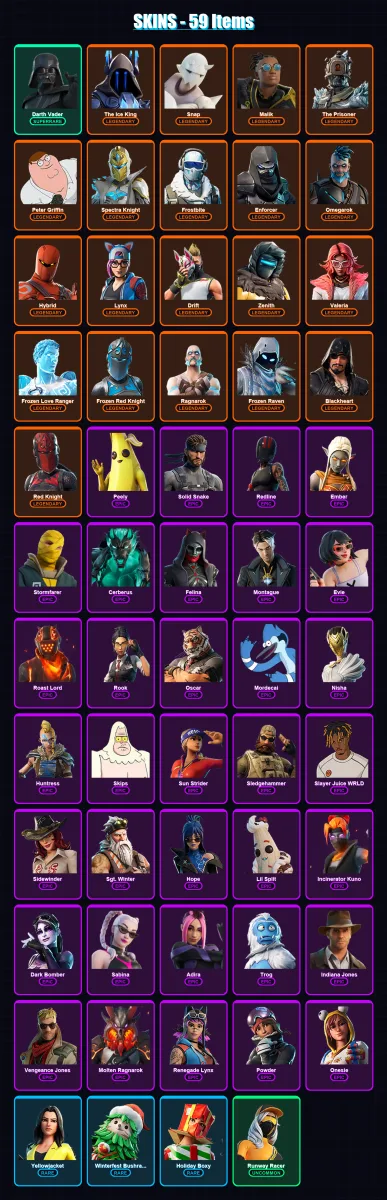 [PC/XBOX/PSN] | Darth Vader | The Ice King | Snap | Malik | The Prisoner | 59 skin | 72 pickaxe | 82 emote | 75 glider | Lv1337